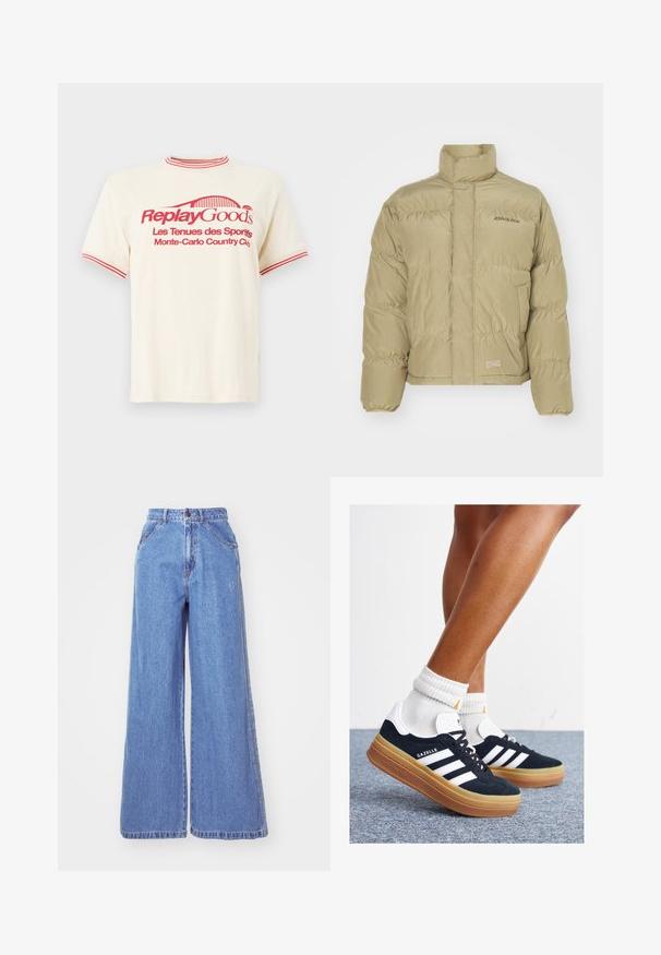 Khaki Steppjacke mit hohem Kragen, elastischen Bündchen und horizontalem Steppmuster. Verfügt über das "Dickies"-Logo auf der Vorderseite.; Cremfarbendes Baumwoll-T-Shirt mit einem roten gerippten Rundhalsausschnitt. Die Vorderseite zeigt fetten roten Text und ein grafisches Design, das auf den Monte-Carlo Country Club verweist.; adidas Originals Jeans Straight Leg - light denim; Schwarze Wildledersneaker mit weißen Streifen und Akzenten, rundlicher Zehenbereich, Sohlen aus braunem Gummi, kombiniert mit weißen, gerippten Sneakersocken.