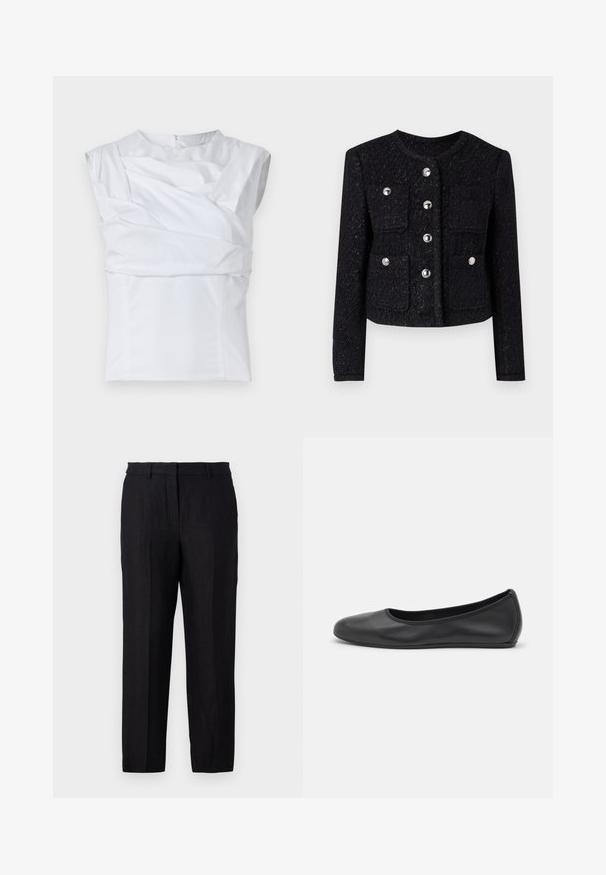 Giacca di tweed nera con collo rotondo, chiusura frontale con bottoni e quattro tasche applicate. Presenta bottoni metallici e una finitura texturizzata.; Top bianco senza maniche con un design strutturato, caratterizzato da dettagli in tessuto drappeggiato e una cerniera sul retro nascosta. Texture liscia.; Pantaloni in lino neri con vestibilità dritta, dotati di zip, passanti per cintura e tasche frontali e posteriori. Texture liscia e design minimale.; Pantofole da balletto nere in pelle con punta arrotondata, texture liscia, dettagli di cucitura minimi e design con suola flessibile.