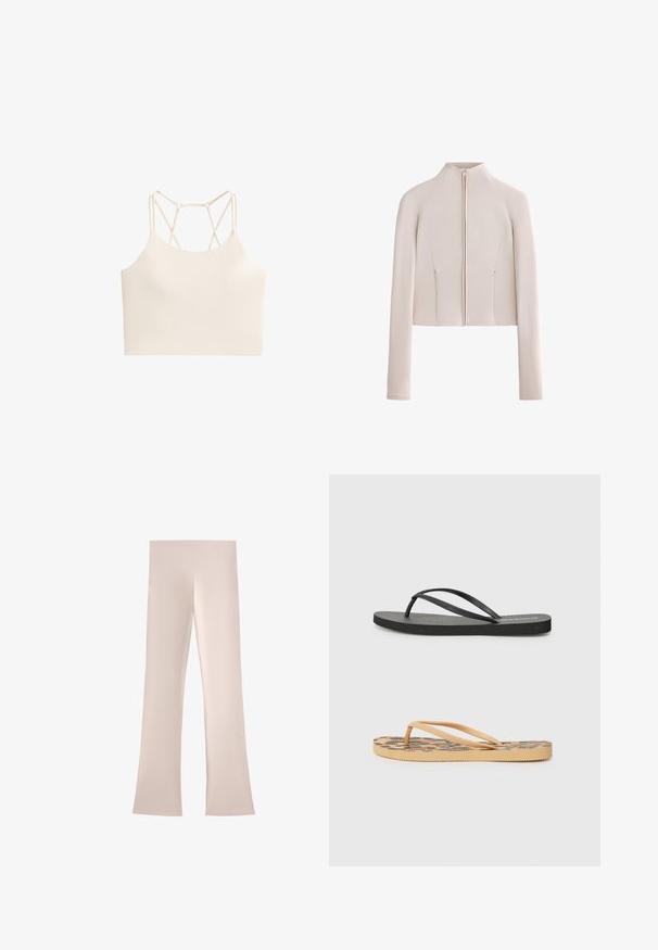 Izrezana jakna s dugim rukavima od mekog bež materijala s visokim ovratnikom i prednjim patentnim zatvaračem; sadrži detalje šavova i dva bočna džepa.; Svijetlosmeđi sportski grudnjak s glatkom teksturom, s dizajnom remena u obliku križa na leđima i skraćenim siluetom.; Svijetlosmeđe flare hlače s širokim, glatkim pojasom. Izrađene od mekog, rastezljivog materijala, prikazuju čisti, minimalistički dizajn.; Crne gumene japanke s teksturiranim uloškom i tankim trakama; ispod, smeđe japanke s uzorkom leoparda i teksturiranim uloškom.
