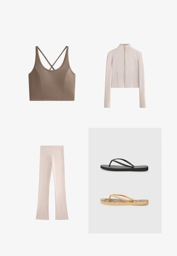 Zrobená dlhá bunda z mäkké béžovej tkaniny s vysokým golierom a predným zipom; obsahuje švy a dve bočné vrecká.; OYSHO EVERMOVE - Top - brown; Svetlo béžové rozšírené nohavice s širokým, hladkým pásom. Vyrobené z mäkkej, elastickej tkaniny, s čistým, minimalistickým dizajnom.; Čierne gumové šľapky s textúrovanou stielkou a tenkými popruhmi; nižšie sú svetlohnedé šľapky s leopardím vzorom a textúrovanou stielkou.