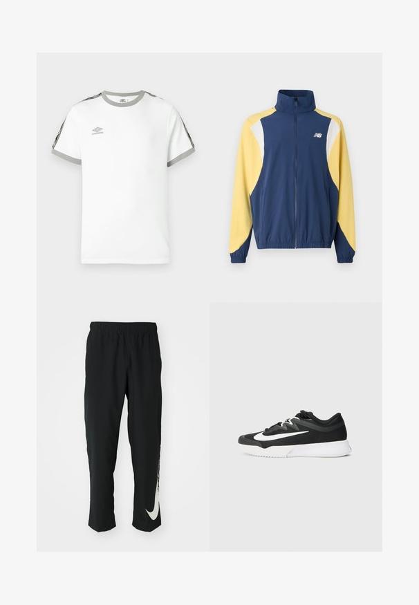 Marineblå og gul zip-up jakke med høy krage, med fargeblokkert design og elastiske mansjetter; stoffet fremstår som glatt og sporty.; Hvit T-skjorte med kort erm og grå krage og mansjetter, svarte og grå striper på ermene, og Umbro-logo på brystet.; Svarte treningbukser med elastisk midje, smalere design, med en stor hvit Nike-logo på venstre bein. Myk, lett stoff.; Svart treningssko med teksturert overdel, hvit swoosh-logo, snøring, og gummisåle med mønstrete slitbane.