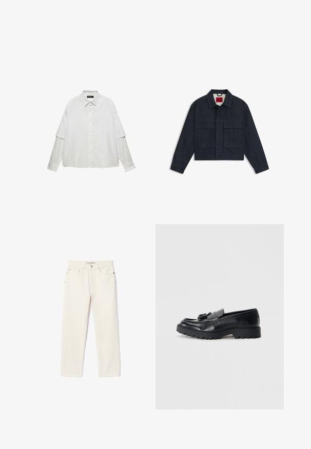 Dunkelblaue Denimharrjacket mit Kragen, vorderem Knopfverschluss, zwei großen Brusttaschen und langen Ärmeln. Mit kontrastierender Naht.; Weißes Hemd mit vertikalen grauen Streifen. Verfügt über einen klassischen Kragen, einen lockeren Schnitt und lange Ärmel mit Manschettendetails.; Cremefarbene Jeans aus Denim mit geradem Bein, ausgestattet mit zwei Fronttaschen, einem Knopfverschluss und subtiler Markenkennzeichnung nahe dem Bund.; Schwarze Lederloafers mit glanzendem Finish, klobiger Gummisohle und dekorativem Quastendetail auf der Vorderseite.