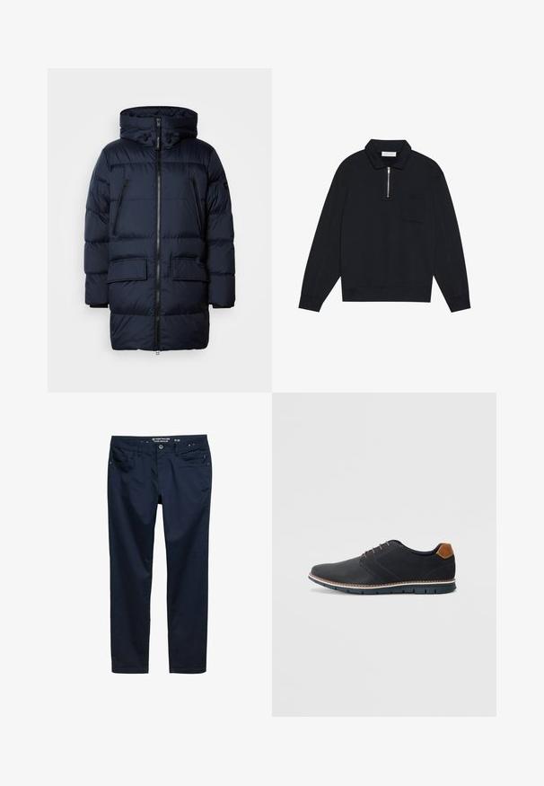 Tumši zils pūkains mētelis ar rāvējslēdzēja aizdari, regulējamu kapuci, divām rāvējslēdzēja krūšu kabatām un divām priekšējām kabatām ar atloku. Gluda tekstūra un quiltēts dizains.; Pier One Ikdienas džemperis - black; Tumši zili bikses, izgatavotas no gludas kokvilnas auduma, ar regulāru piegriezumu, piecām kabatām un ar rāvējslēdzēju un pogas aizdari.; Melni sintētiskie apavi ar struktūru augšdaļā, gludu akcentu, brūnu papēdi un kontrastējošu zoli. Iezīmē minimālu šņorēšanu un šuvju detaļas.