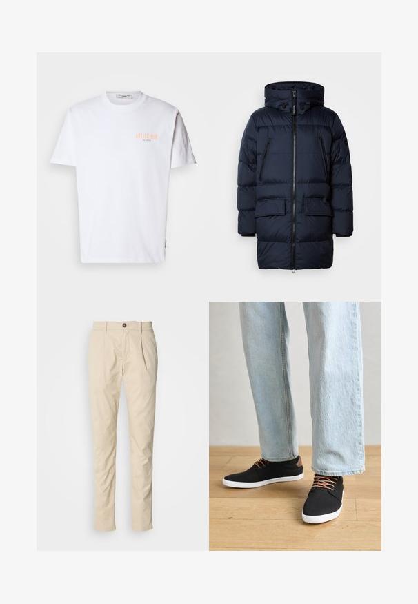 Granatowa kurtka puchowa z zamkiem błyskawicznym, regulowanym kapturem, dwoma kieszeniami na piersi z zamkiem oraz dwoma przednimi kieszeniami z klapką. Gładka tekstura i pikowany design.; Biała bawełniana koszulka z krótkim rękawem, z napisem "ANTICO BAR" w jasnopomarańczowym kolorze na lewej piersi oraz okrągłym dekoltem.; Beżowe męskie spodnie slim-fit z pętelkami na pasek, z zapięciem na guzik i plisami z przodu, leżące na białym tle.; Czarne płócienne trampki z brązowymi akcentami, białą gumową podeszwą i brązowymi sznurówkami, zestawione z jasnoniebieskimi dżinsami o prostym kroju. Tło z drewnianą podłogą.