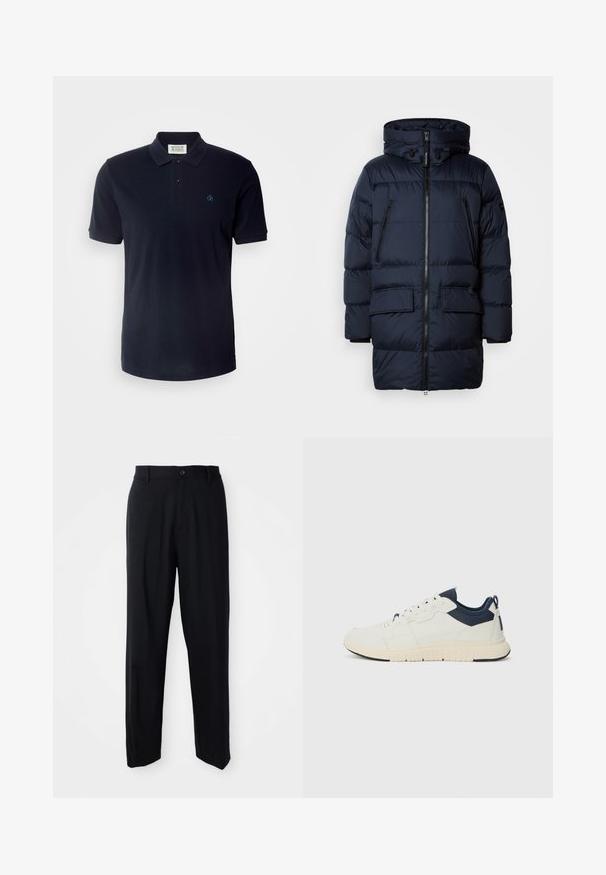Marineblå pufferjakke med lynlås, justerbar hætte, to lynlåsede brystlommer og to frontlommer med flap. Glat tekstur og quiltet design.; Scotch & Soda ESSENTIALS - Poloshirts - night; Sorte lige bukser med bæltestropper, knaplukning og et slankt, minimalistisk design på en neutral baggrund.; Sneakers med en hvid syntetisk overdel, marineblå stofdetaljer, tekstureret sål og snørebåndslukning. Rund tå og bageste løftestang.