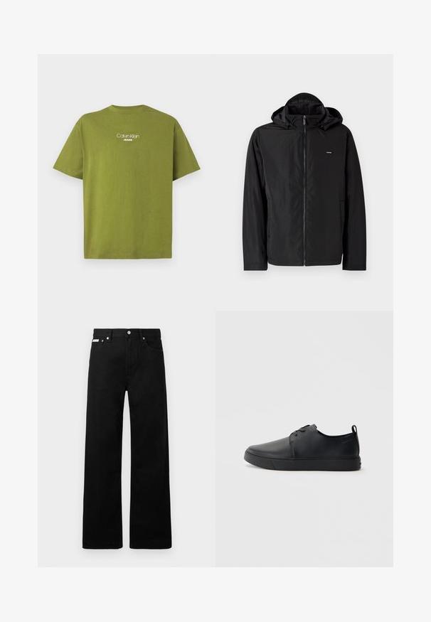 Zwarte, lichte jas met een capuchon, voorzien van een rits aan de voorkant en zijzakken. Het materiaal lijkt glad met een matte afwerking.; Groene katoen T-shirt met ronde hals, korte mouwen en geborduurd "Calvin Klein Jeans" logo in het wit op de borst.; Zwarte spijkerbroek met een wijd uitlopende pasvorm, voorzien van vijf zakken en metallic knopen. Gladde textuur, geen zichtbare patronen.; Zwarte leren sneaker met een gladde afwerking, ronde neus, tonale stiknaden, vetersluiting aan de voorkant en een vlakke rubberen zool. Lussje aan de hak.