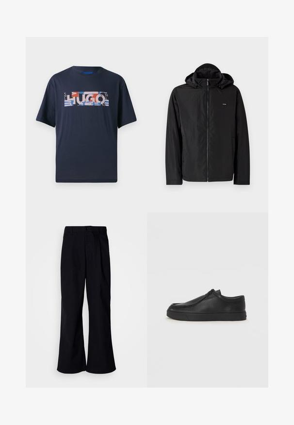 Schwarze, leichte Jacke mit Kapuze, ausgestattet mit einem Frontreißverschluss und seitlichen Taschen. Das Material wirkt glatt mit einer matten Oberfläche.; Navyblaue Baumwoll-T-Shirt mit kurzen Ärmeln, das auf der Vorderseite ein mehrfarbiges "HUGO"-Grafikdesign in verschiedenen Formen und Mustern zeigt.; Schwarze, weit geschnittene Baumwollhosen mit einem vorderen Faltenwurf, Knopfverschluss und Gürtelschlaufen, glatte Textur und keine sichtbaren Muster.; Schwarze Leder-Schlupfschuhe mit runder Zehenform, genähten Details und schwarzer Gummisohle. Glatte Textur mit minimalistischem Design.