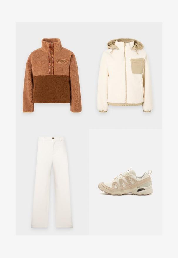 Krämfärgad fleecjacka med beige quiltad huva och ficka. Har elastiska muddar och fåll, guldfärgad dragkedja och justerbara dragsnören.; Brun fleecetröja med hög krage, utrustad med dragkedja och flerfärgad mönstrad kant. Broderad logotyp på bröstet.; Mörkgrå bomullst-shirt, oversized passform, korta ärmar, rund halsringning, med en solgrafik och texten "BILLABONG" i gyllene broderi.; Vida, beige byxor av strukturerat tyg. Har en knappstängning framtill och bältesöglor. Enkel och ren design utan mönster.; Beige och krämfärgad atletisk sko med texturerad meshovandel, stöttande överdrag och gummisulor med ett mönster för grepp.