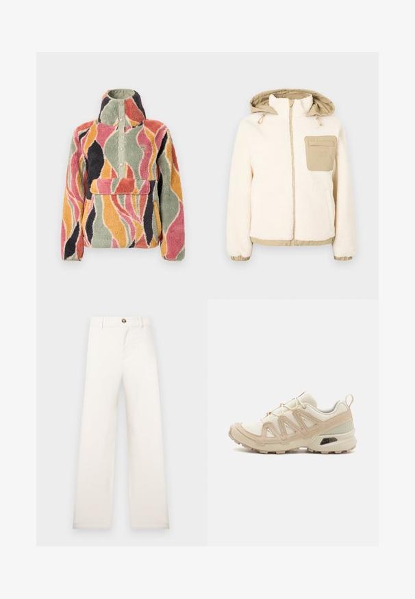 Cremefarbene Fleecejacke mit einer beigen, gesteppte Kapuze und Tasche. Verfügt über elastische Bündchen und Saum, goldenen Reißverschluss und verstellbare Kordeln.; Fleece-Pullover mit hohem Kragen und Druckknopfverschluss. Verfügt über ein wellenförmiges, mehrfarbiges Muster in Pink, Grün, Orange und Schwarz.; Dunkelgraues Baumwoll-T-Shirt, oversized Passform, kurze Ärmel, Rundhalsausschnitt, mit einer Sonnen-Grafik und "BILLABONG"-Schriftzug in goldener Stickerei.; Beige Hose mit weitem Bein aus strukturiertem Stoff. Mit einer vorderen Knopfverschlussleiste und Gürtelschlaufen. Einfaches, sauberes Design ohne Muster.; Beige und cremefarbenen Sportschuh mit strukturiertem Mesh-Obermaterial, unterstützenden Überzügen und Gummisohle mit einem Profilmuster für Bodenhaftung.