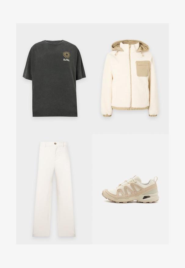 Cream fleece jacket with a beige quilted hood and pocket. Features elastic cuffs and hem, gold zipper, and adjustable drawstrings.; Dark gray cotton t-shirt, oversized fit, short sleeves, round neckline, features a sun graphic and “BILLABONG” text in golden embroidery.; Wide-leg, beige trousers made of textured fabric. Features a front button closure and belt loops. Simple, clean design with no patterns.; Beige and cream athletic shoe with textured mesh upper, supportive overlays, and rubber outsole featuring a tread pattern for traction.