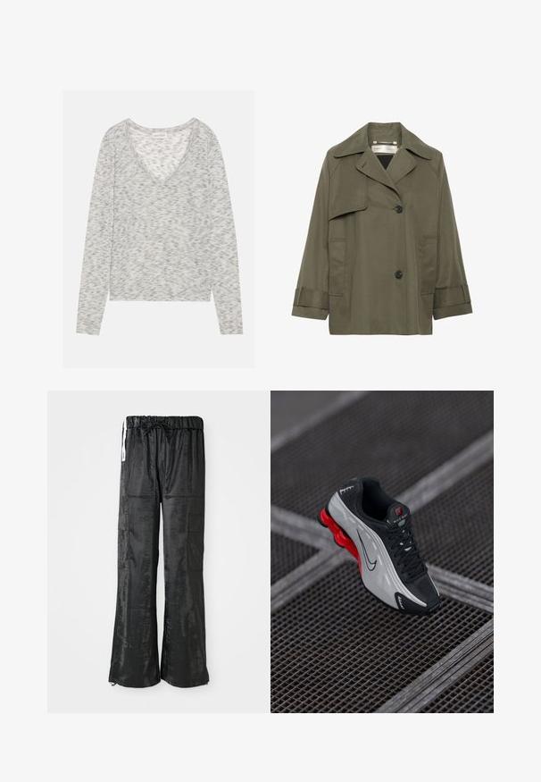 Olive green trench coat with a collar, large front pockets, two black buttons, and three-quarter sleeves. Smooth fabric with a relaxed fit.; Gray long-sleeve top with a V-neck design, featuring a subtle speckled texture and soft knit material. Label reads "ANNA FIELD."; Dark green ribbed short-sleeve T-shirt with a round neckline and a five-button placket down the front. Soft texture and minimal design.; Black cargo pants made of shiny, textured fabric. Feature a wide-leg design, elastic waistband with drawstring, and multiple side pockets.; Black and gray athletic shoe with red cushioned sole, black laces, and swoosh logo resting on metal grid surface.