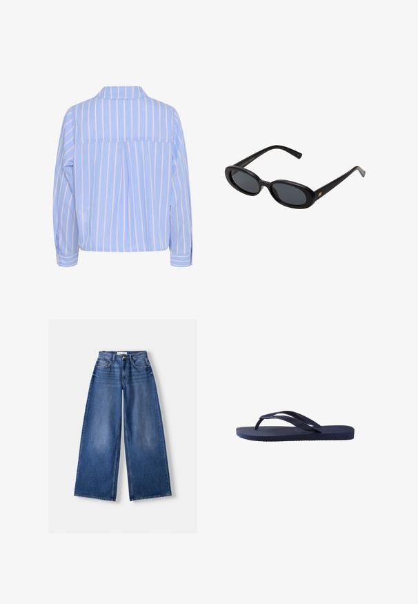 Olíva zöld trench kabát, gallérral, nagy elülső zsebekkel, két fekete gombbal és háromnegyed hosszúságú ujjal. Simább anyag, laza fazonnal.; Világoskék ing függőleges fehér és rózsaszín csíkokkal, gallérral és hosszú ujjal, hátul redőzött, gombbal záródó mandzsettákkal.; Bershka WIDE-LEG - Széles szárú - dark blue; Sötétkék strandpapucs, textúrált gumis pántokkal és talppal, a pántokon hullámmintázattal és lapos, bordázott talppal.; Fekete, oversize napszemüveg ovális lencsékkel, sima műanyag kerettel és arany részletekkel a fülpánton. Sötét lencséi védelmet nyújtanak a napfény ellen.