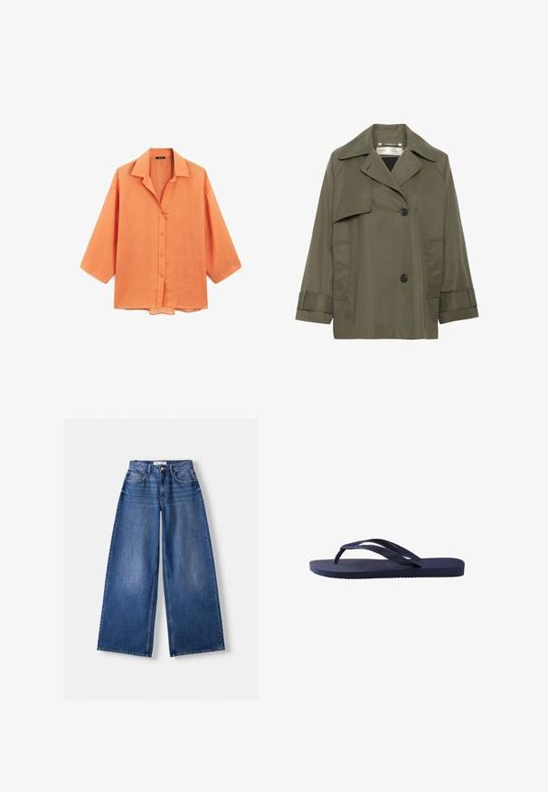 Olivengrüner Trenchcoat mit Kragen, großen Fronttaschen, zwei schwarzen Knöpfen und Dreiviertelärmeln. Glattes Material mit lockerer Passform.; Oranges Leinenhemd mit lockerer Passform, kurzen Ärmeln, geradem Saum und einem Kragen mit durchgehender Knopfleiste.; Weißes Baumwoll-T-Shirt mit kurzen Ärmeln, rundem Ausschnitt und glatter Textur. Die Rückseite ist einfarbig ohne zusätzliche Muster oder Designs.; Bershka WIDE-LEG - Wide Leg - dark blue; Marineblaue Flip-Flops mit strukturierten Gummiträgern und Sohle, die ein wellenförmiges Muster auf den Trägern und ein flaches, geriffeltes Fußbett haben.