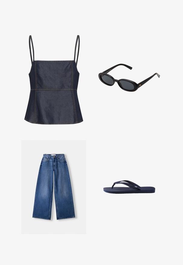 Olíva zöld trench kabát, gallérral, nagy elülső zsebekkel, két fekete gombbal és háromnegyed hosszúságú ujjal. Simább anyag, laza fazonnal.; Sötét farmer anyagú, ujjatlan felső négyzet alakú nyakkivágással, szögletes részekkel és látható varrási díszítésekkel. Simább, sima textúra.; Bershka WIDE-LEG - Széles szárú - dark blue; Sötétkék strandpapucs, textúrált gumis pántokkal és talppal, a pántokon hullámmintázattal és lapos, bordázott talppal.; Fekete, oversize napszemüveg ovális lencsékkel, sima műanyag kerettel és arany részletekkel a fülpánton. Sötét lencséi védelmet nyújtanak a napfény ellen.