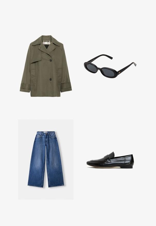 Olivově zelený trenčkot s límcem, velkými předními kapsami, dvěma černými knoflíky a tříčtvrtečními rukávy. Hladká tkanina s volným střihem.; Bílá bavlněná trička s krátkým rukávem, klasickým výstřihem a volným střihem. Hladká textura a jednoduchý design, bez vzorů nebo akcentů.; Bershka WIDE-LEG - Wide leg - dark blue; Černé kožené mokasíny s hladkým povrchem, zakulacenou špičkou a dekorativním páskem přes nárt. Lehká podrážka s mírným podpatkem.; Černé oversized sluneční brýle s oválnými čočkami, hladkým plastovým rámem a zlatými akcenty na spáncích. Tmavé čočky poskytují ochranu před sluncem.