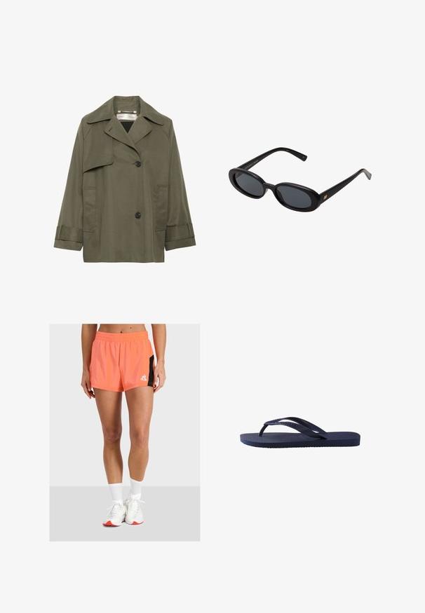 Olivově zelený trenčkot s límcem, velkými předními kapsami, dvěma černými knoflíky a tříčtvrtečními rukávy. Hladká tkanina s volným střihem.; Bílá bavlněná trička s krátkým rukávem, klasickým výstřihem a volným střihem. Hladká textura a jednoduchý design, bez vzorů nebo akcentů.; Krátké sportovní šortky v jasné korálové barvě, s elastickým pasem, černými bočními akcenty a malým bílým logem na přední straně.; Tmavě modré žabky s texturovanými gumovými popruhy a podešví, s vlnkovaným vzorem na popruzích a plochým, vroubkovaným stélkou.; Černé oversized sluneční brýle s oválnými čočkami, hladkým plastovým rámem a zlatými akcenty na spáncích. Tmavé čočky poskytují ochranu před sluncem.