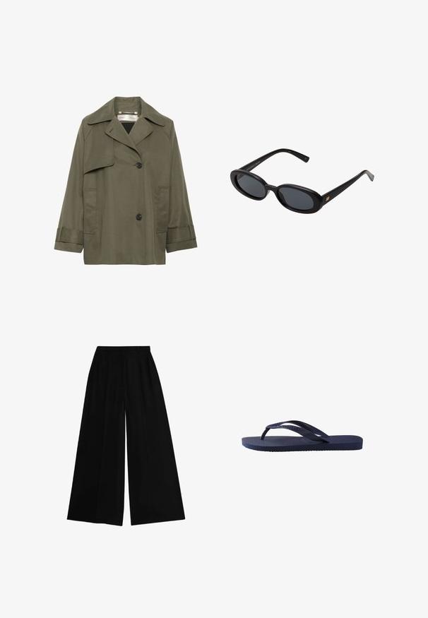 Olivengroene trenchcoat met een kraag, grote voorzakken, twee zwarte knopen en driekwartmouwen. Glad stof met een ontspannen pasvorm.; Witte katoen t-shirt met korte mouwen, ronde hals en een ontspannen pasvorm. Glad materiaal en eenvoudig ontwerp, zonder patronen of accenten.; Zwarte wijde broek met hoge taille, gemaakt van een gladde stof, met persplooien voor structuur en een getailleerde pasvorm.; Navyblauwe flip-flops met een textuur op de rubberen banden en zool, met een golvend patroon op de banden en een vlakke, gegroefde zool.; Zwarte oversized zonnebril met ovale lenzen, een glad plastic montuur en gouden accenten op de pootjes. Donkere lenzen bieden bescherming tegen de zon.