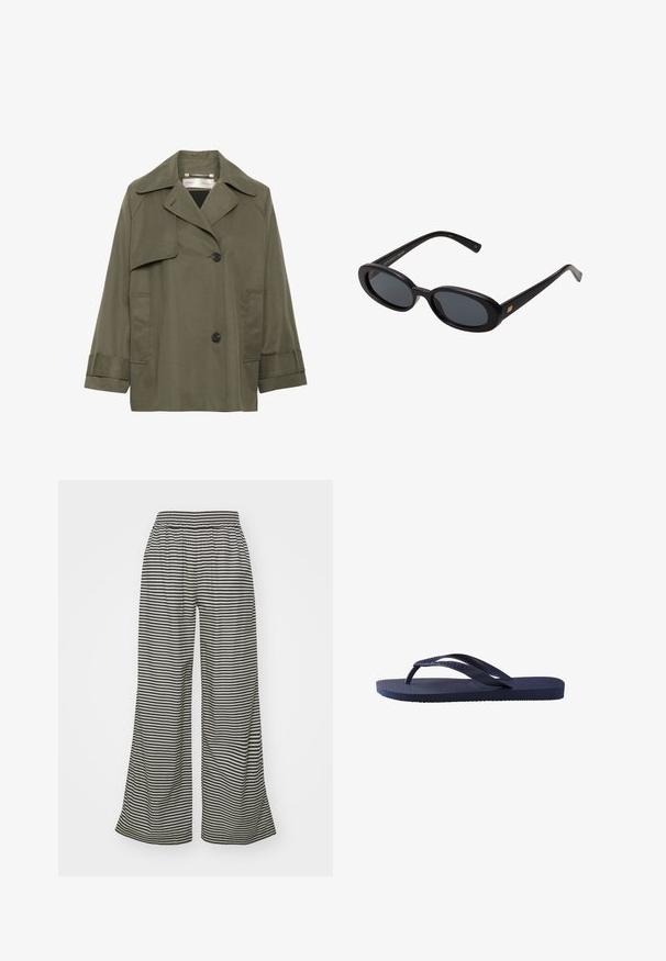 Cappotto trench verde oliva con colletto, grandi tasche frontali, due bottoni neri e maniche tre quarti. Tessuto liscio con una vestibilità rilassata.; Maglietta bianca in cotone con maniche corte, collo rotondo e tessuto liscio. Il retro è semplice, senza motivi o disegni aggiuntivi.; Mads Nørgaard COLIN SONIE PANTS - Pantaloni - black; Infradito blu navy con cinturini e suola in gomma testurizzata, caratterizzati da un motivo ondulato sui cinturini e un plantare piatto e rigato.; Occhiali da sole neri oversize con lenti ovali, montatura in plastica liscia e accenti dorati sulle tempie. Le lenti scure offrono protezione dal sole.