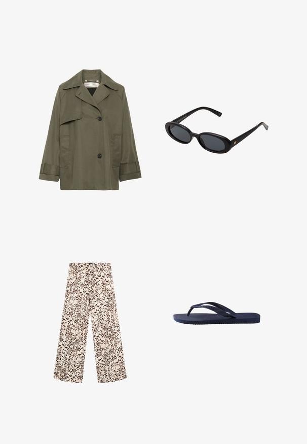 Olivengroene trenchcoat met een kraag, grote voorzakken, twee zwarte knopen en driekwartmouwen. Glad stof met een ontspannen pasvorm.; Wit katoenen T-shirt met korte mouwen, een ronde hals en een gladde textuur. De achterkant is effen zonder extra patronen of ontwerpen.; Wijduitlopende broek van lichte crèmekleurige stof met een bruine vlekkenpatroon. Beschikt over een trekkoord in de taille en heeft een gladde, zachte textuur.; Navyblauwe flip-flops met een textuur op de rubberen banden en zool, met een golvend patroon op de banden en een vlakke, gegroefde zool.; Zwarte oversized zonnebril met ovale lenzen, een glad plastic montuur en gouden accenten op de pootjes. Donkere lenzen bieden bescherming tegen de zon.