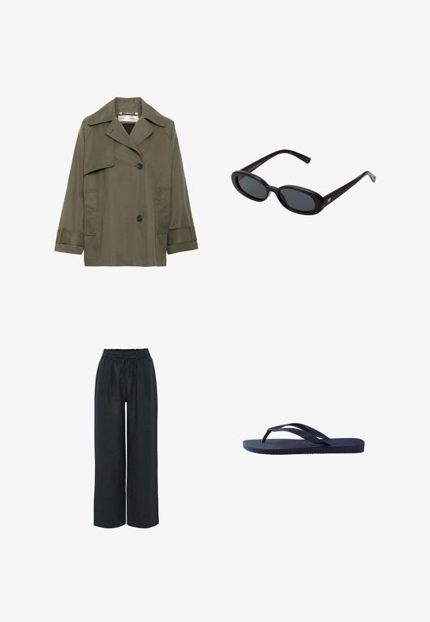 Olivengrüner Trenchcoat mit Kragen, großen Fronttaschen, zwei schwarzen Knöpfen und Dreiviertelärmeln. Glattes Material mit lockerer Passform.; Weißes Baumwoll-T-Shirt mit kurzen Ärmeln, rundem Ausschnitt und glatter Textur. Die Rückseite ist einfarbig ohne zusätzliche Muster oder Designs.; Schwarze Leinen-Hosen mit weitem Bein, elastischem Bund und verstellbarem Kordelzug. Mit Falten an der Vorderseite für zusätzlichen Volumen.; Marineblaue Flip-Flops mit strukturierten Gummiträgern und Sohle, die ein wellenförmiges Muster auf den Trägern und ein flaches, geriffeltes Fußbett haben.; Schwarze, oversized Sonnenbrillen mit ovalen Gläsern, glattem Kunststoffrahmen und goldenen Akzenten an den Bügeln. Die dunklen Gläser bieten Sonnenschutz.
