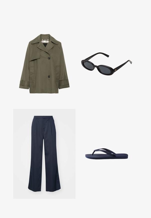 Olivengroene trenchcoat met een kraag, grote voorzakken, twee zwarte knopen en driekwartmouwen. Glad stof met een ontspannen pasvorm.; Wit katoenen T-shirt met korte mouwen, een ronde hals en een gladde textuur. De achterkant is effen zonder extra patronen of ontwerpen.; Marineblauwe op maat gemaakte broek met een hoge taille, wijde pijpen en voorklitsen. Gemaakt van een gladde stof met een subtiele glans.; Navyblauwe flip-flops met een textuur op de rubberen banden en zool, met een golvend patroon op de banden en een vlakke, gegroefde zool.; Zwarte oversized zonnebril met ovale lenzen, een glad plastic montuur en gouden accenten op de pootjes. Donkere lenzen bieden bescherming tegen de zon.