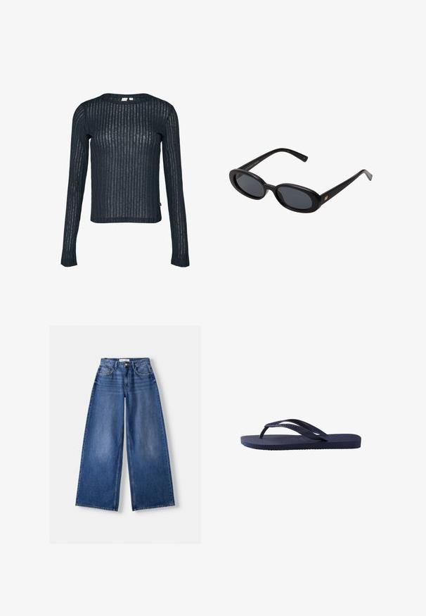 Olivengrüner Trenchcoat mit Kragen, großen Fronttaschen, zwei schwarzen Knöpfen und Dreiviertelärmeln. Glattes Material mit lockerer Passform.; Marineblaues Langarmoberteil aus transparenter, strukturierter Stoff mit vertikalen Streifen. Rundhalsausschnitt und leicht verkürzter Saum. Etikett an der Seite sichtbar.; Bershka WIDE-LEG - Wide Leg - dark blue; Marineblaue Flip-Flops mit strukturierten Gummiträgern und Sohle, die ein wellenförmiges Muster auf den Trägern und ein flaches, geriffeltes Fußbett haben.; Schwarze, oversized Sonnenbrillen mit ovalen Gläsern, glattem Kunststoffrahmen und goldenen Akzenten an den Bügeln. Die dunklen Gläser bieten Sonnenschutz.