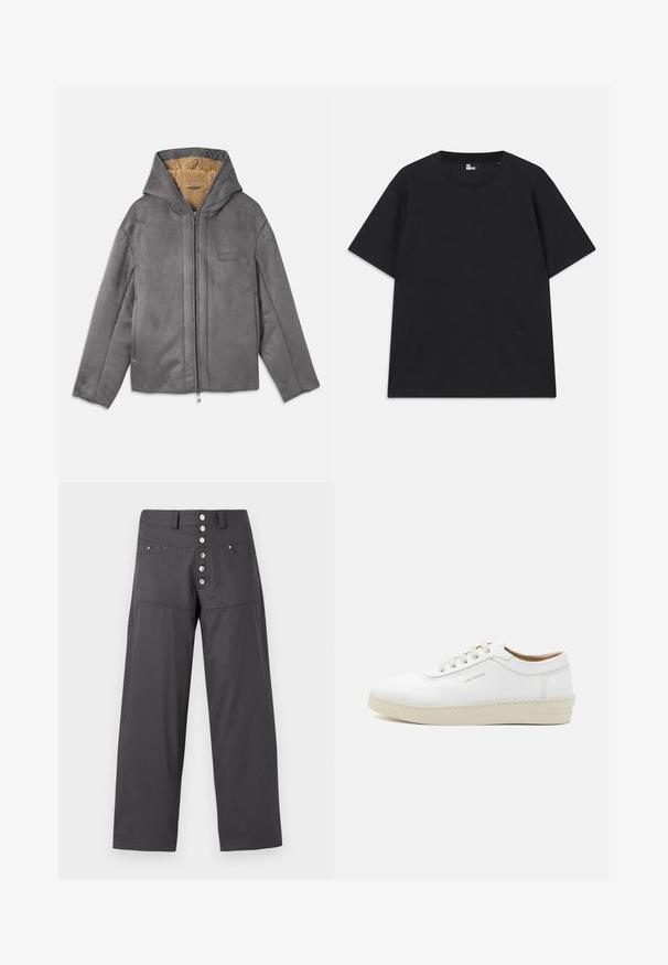 Siva antilop jakna s kapuljačom, sa mekim bež flis podstavom, prednjim zatvaračem i minimalnim brendiranjem na prsima.; Crna kratkotrajna majica s kratkim rukavima od pamuka, s okruglim izrezom i malim logotipom blizu rubova. Glatka tekstura, klasičan kroj.; Sive široke hlače od lagane tkanine, s patentnim zatvaranjem s pet metalnih dugmadi i dva prednja džepa.; Bijele kožne tenisice s teksturiranim finishom, okruglim vrhom, bež gumiranim potplatom i šest sivih rupica za vezice, koje imaju suptilni branding sa strane.