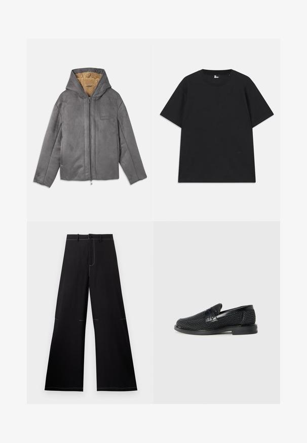 Gray zip-up jacket with a hood, made of soft suede-like material, lined with tan fleece for warmth and comfort. Features side pockets.; Black short-sleeve t-shirt made of cotton, featuring a round neckline and a small logo detail near the hem. Smooth texture, regular fit.; Black wide-leg pants with white stitching details, featuring a button closure and a belt loop waistband. Made from lightweight fabric.; Black woven slip-on shoe with a smooth leather accent on the upper, a round toe design, and a low-profile rubber sole.