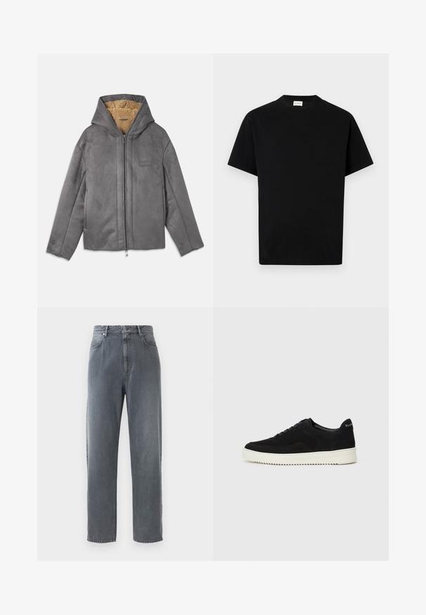 Chaqueta de ante gris con capucha, que cuenta con un suave forro de felpa en color beige, cierre frontal con cremallera y un branding mínimo en el pecho.; Camiseta de algodón negra con cuello redondo, mangas cortas y corte recto. Sin patrones visibles ni detalles de hardware.; Jeans de tiro alto y pernera recta en denim gris desgastado, con cinco bolsillos, cierre de botón y un ligero desgaste en la tela.; Zapatilla de ante negra con diseño de cordones y suela de goma blanca contrastante. Presenta paneles laterales texturizados y un sutil logo en el talón.