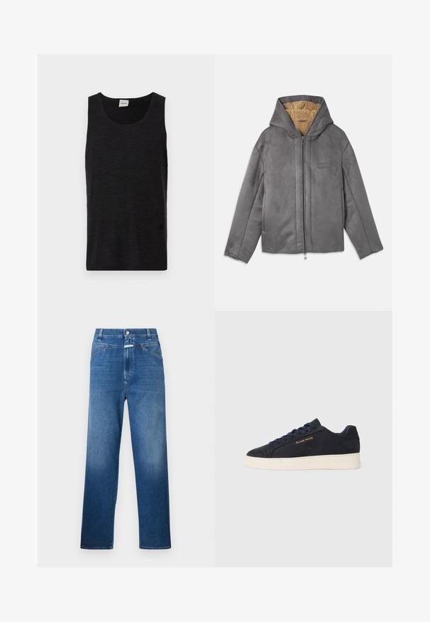 Veste en suede gris avec une capuche, dotée d'une doublure en polaire beige doux, fermeture éclair à l'avant et un branding minimal sur la poitrine.; Débardeur noir sans manches en matériau texturé. Doté d'un col rond et d'un accent logo discret près de l'ourlet. Design simple.; Jean en denim bleu avec une coupe droite, présentant une fermeture à bouton, des passants de ceinture et un léger délavage sur les cuisses.; Baskets basses en daim bleu marine avec semelle blanche, lacets bleu marine et logo "Filling Pieces" en or sur le côté.
