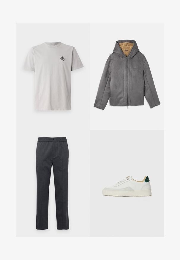 Veste en suede gris avec une capuche, dotée d'une doublure en polaire beige doux, fermeture éclair à l'avant et un branding minimal sur la poitrine.; T-shirt en coton gris à manches courtes, comportant un petit motif graphique sombre sur la zone gauche de la poitrine. Style classique à encolure ronde.; Pantalon droit gris foncé avec taille élastique, fermeture à bouton sur le devant et détail brodé subtil sur le côté droit.; Baskets blanches avec des accents en daim, bout arrondi, lacets plats et semelle en caoutchouc crème. Présente une marque verte sur le talon.