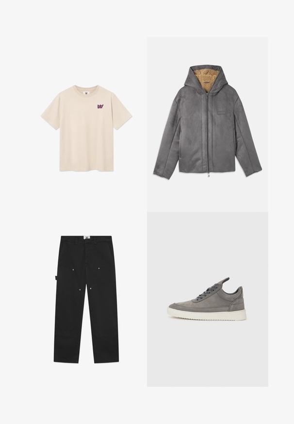 Siva suede jakna s kapuco, z mehkim svetlim polarjem na notranji strani, sprednjim zadrgo in minimálnim logotipom na prsih.; Bež majica kratkih rukava s okruglim izrezom s malim ljubičastim logotipom "W" na lijevoj strani prsiju.; Črne bombažne hlače imajo ravno kroj, opazno šivanje, stranske žepe in kovinske gumbne detajle na sprednjih panelih.; Sive najlon teniske z teksturirano površino, z belo gumijasto podplatom, okroglimi vezalkami in nizkim dizajnom.