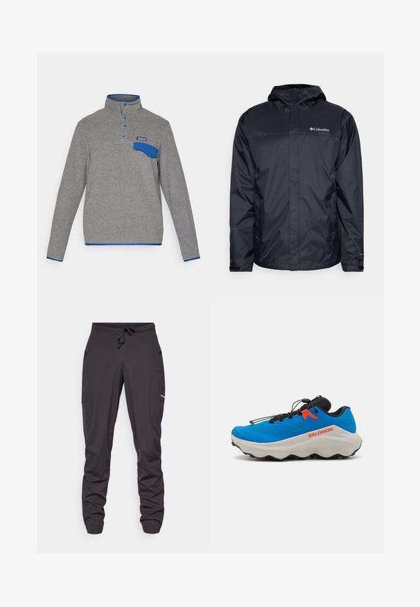 Juoda vandeniui atspari striukė su kapu, su užtrauktuku priekyje, elastingomis rankovėmis ir logotipu viršutinėje kairėje krūtinės dalyje. Lengvas medžiagos audinys.; Pilkas vilnonis puloveris su mėlynais spaudžiamais mygtukais, mėlynais apykaklės kraštais, kišenės sklende ant krūtinės ir "Patagonia" logotipas virš kišenės.; Juodos sportinės kelnės su raišteliu, šoninėmis kišenėmis, šiek tiek raukšlėta medžiaga ir maža matoma logotipas dešinėje šlaunyje.; Mėlyna sportinė batai su tekstūruotu viršumi, juodais akcentais, paminkštintu baltu padu ir reguliuojamu raištelių sistemu tvirtam prisitaikymui.