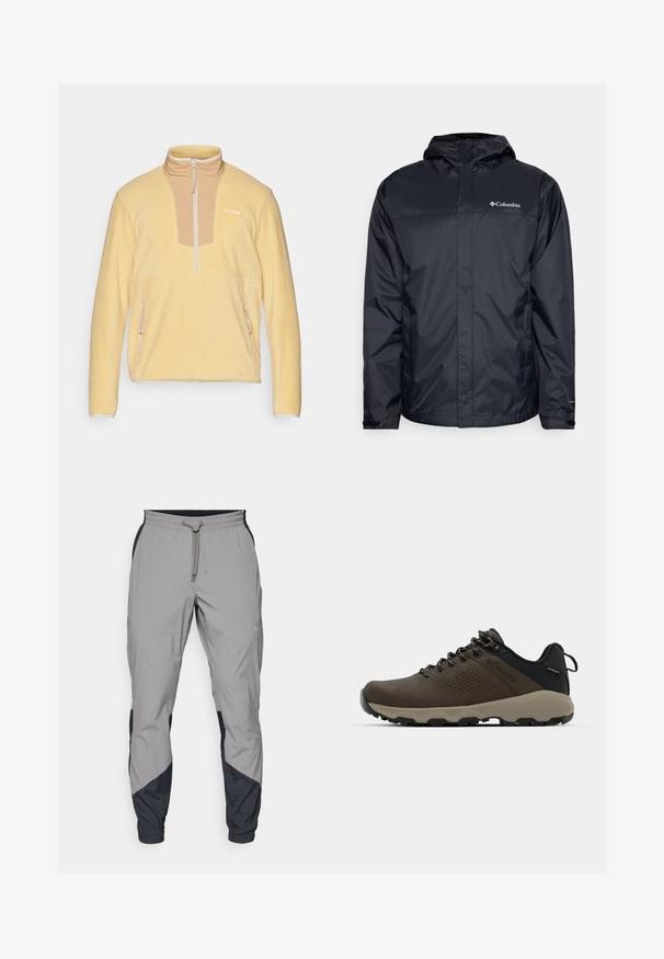 Mustus veekindel jakk kapuutsiga, millel on esikinnitus tõmblukuga, elastsed mansetid ja logo vasakul üleval rinnal. Kerge materjal.; Kollane fliisijakke kõrge kraega, poole tõmbluku ja pruunide paneelide detailiga rinnal. Omab kahte tõmblukuga küljetaskut.; Kergedatud hallid sportlikud püksid mustade aktsentidega. Elastne vöökoht, stringiga sulgemine, kitsenev jala disain ja küljetaskud.; Kohandatud veekindlad pruunid spordijalatsid tekstuuriga pealisega, perforatsioonidega detailid, must kandetoetav osa ja hall kummine sisetald. Paelad on metallist otstega.