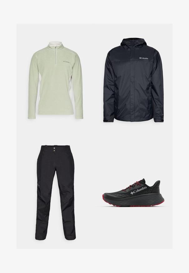 Fekete, vízálló dzseki kapucnival, elöl zipzárral, rugalmas mandzsettákkal és logóval a bal felső mellkasi részen. Könnyű anyag.; világos zöld gyapjú pulóver magas gallérral és fél cipzárral. Fehér oldalsó panelek és egy kis logó található rajta a mellkasán. Puha textúra.; Fekete, vízálló nadrág sima textúrával, két elülső gombbal és tapered lábformával. Oldalt logóval díszítve.; Fekete sportcipő texturált felsőrésszel, piros fűzőkkel és logóval. Vastag talp, mintás járófelülettel a tapadásért. Minimalista dizájn, oldalnézet.