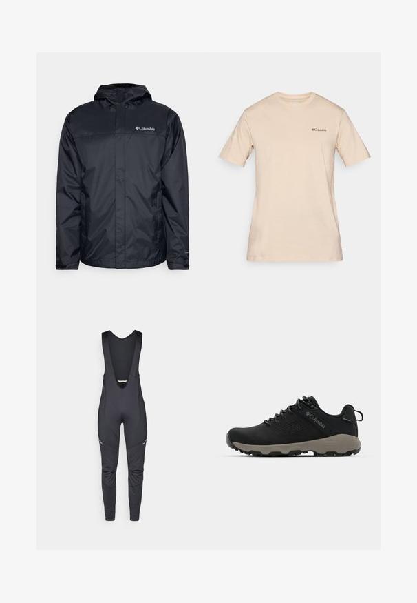 Čierna nepremokavá bunda s kapucňou, so zipsovým predným zapínaním, elastickými manžetami a logom v hornej ľavej oblasti hrudi. Ľahký materiál.; Béžové tričko s krátkym rukávom vyrobené z bavlny, s malým čiernym logom Columbia na ľavej hrudi. Štandardný dizajn s okrúhlym výstrihom.; Vaude MENS MATERA WARM  - Legíny s trakmi - black; Čierne turistické topánky s hladkým zvrškom, perforovaným dizajnom, šedou podrážkou a vystuženým pätou. Obsahujú šnúrky a pútko pre jednoduché obúvanie.