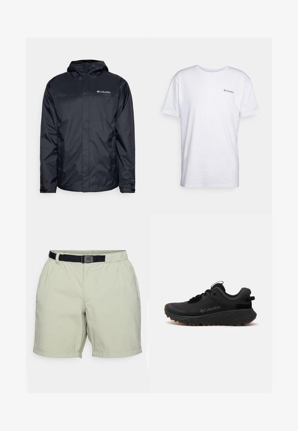 Črna vodoodporna jakna s kapuco, z zadrgo spredaj, elastičnimi manžetami in logotipom na zgornjem levem predelu prsnega koša. Lahka material.; Bela bombažna majica s kratkimi rokavi, okrogel izrez in majhna črna Columbia blagovna znamka natisnjena na prsih. Gladka tekstura.; Svetlo zeleni kratki hlače iz lahkega materiala, z elastičnim pasom in črnim nastavljivim pasom ter stranskimi žepi.; Črne atletske čevlje Columbia z teksturirano površino, podloženim ovratnikom in gumijastim podplatom z izrazitim vzorcem za oprijem.