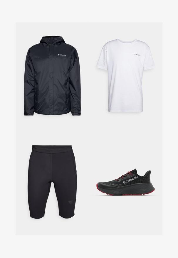 Casaco impermeável preto com capuz, apresentando um fecho de correr na frente, punhos elásticos e um logótipo na parte superior esquerda do peito. Material leve.; T-shirt branca de algodão com mangas curtas, decote redondo e um pequeno logótipo preto da Columbia impresso no peito. Textura suave.; Calções de ciclismo pretos feitos de material elástico, com uma textura suave, design ajustado e um logótipo subtil na parte inferior da perna.; Shoe atlético preto com parte superior texturizada, atacadores vermelhos e logótipo. Sola espessa com padrão para tração. Design minimalista, vista lateral.
