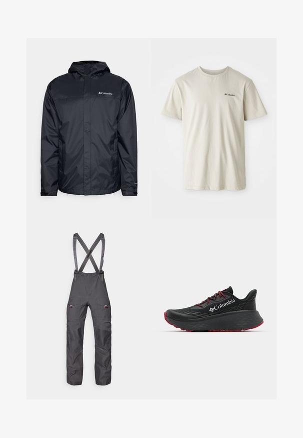 Mustus veekindel jakk kapuutsiga, millel on esikinnitus tõmblukuga, elastsed mansetid ja logo vasakul üleval rinnal. Kerge materjal.; Beež puuvillane T-särk lühikeste varrukatega, ümmarguse kaelusega ja väikese musta logoga vasakul rinnal. Sile, kaunistusteta kangas.; Hallide isoleeritud ülikond, millel on reguleeritavad rihmad, mitmed taskud ja tugevdatud põlved, mis on valmistatud siledast ja vastupidavast kangast.; Mustan värvi spordijalats tekstuuriga pealisega, punaste paelte ja logoga. Paksem tallaga, millel on mustritooted kaheksast edasi liikumiseks. Minimalistlik disain, külgvaade.