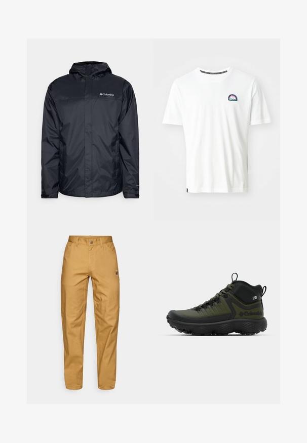 Veste noire imperméable avec capuche, dotée d'une fermeture éclair à l'avant, de poignets élastiques et d'un logo sur la partie supérieure gauche de la poitrine. Matériau léger.; T-shirt en coton blanc avec un col rond et des manches courtes. Comprend un logo SALewa coloré brodé sur la poitrine gauche.; Pantalons de travail pour hommes en toile beige avec poches avant, passants de ceinture, fermeture par bouton et un petit logo circulaire sur la cuisse droite.; Columbia ESCAPE THRIVE TITANIUM MID - Chaussures de marche - nori/black