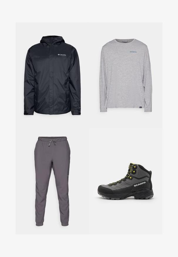 Black waterproof jacket with a hood, featuring a zip front, elastic cuffs, and a logo on the upper left chest area. Lightweight material.; Light gray long-sleeve t-shirt made of soft, textured fabric. Features a crew neck and a small blue Patagonia logo on the chest.; Gray, lightweight, elastic waist pants with adjustable drawstring; tapered legs; smooth texture; includes logo detail on the side.; Black and grey hiking boot with textured fabric, bright yellow accents, reinforced toe, and rubber outsole featuring deep treads for traction.