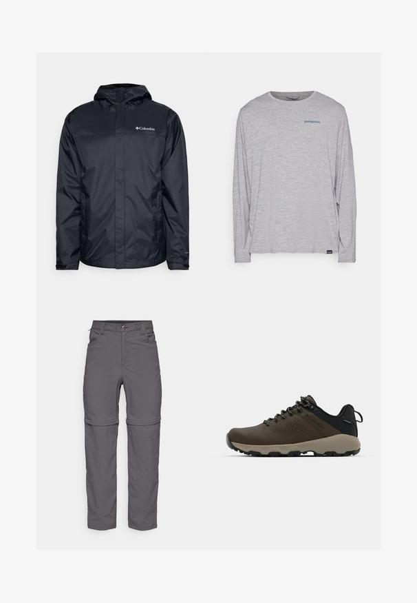 Svart vanntett jakke med hette, med glidelås foran, elastiske mansjetter og logo på øvre venstre brystområde. Lett materiale.; Lys grå langermet t-skjorte laget av myk, teksturert stoff. Har rund hals og en liten blå Patagonia-logo på brystet.; Grå zip-off bukser med en glat tekstur, med knaplukning, forlommer og justerbare manchetter for en allsidig stil.; Brune vanntette joggesko med teksturert overdel, perforerte detaljer, svart hæl støtte og en grå gummisåle. Snøring er stilisert med metalliske ender.