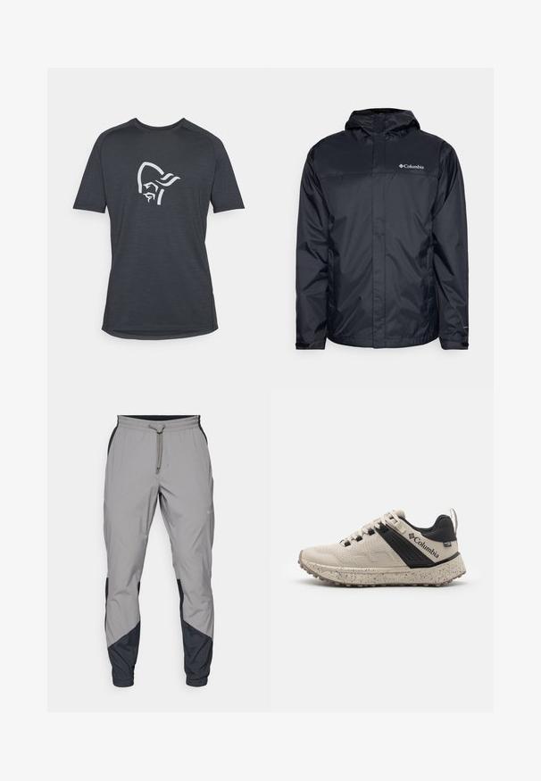 Črna vodoodporna jakna s kapuco, z zadrgo spredaj, elastičnimi manžetami in logotipom na zgornjem levem predelu prsnega koša. Lahka material.; Temno siva majica s kratkimi rokavi, ki prikazuje belo grafiko profila obraza. Izdelana je iz mehkega, teksturiranega blaga z zaobljenim robom.; Lahki, sivi atletski hlače z črnimi dodatki. Elastika v pasu, zategovalna vrvica, oblikovana noga in stranske žepe.; Columbia superge v bež in črni barvi, s teksturiranim mrežastim zgornjim delom, pikčasto srednjo podlogo in trdim gumijastim podplatom za oprijem.