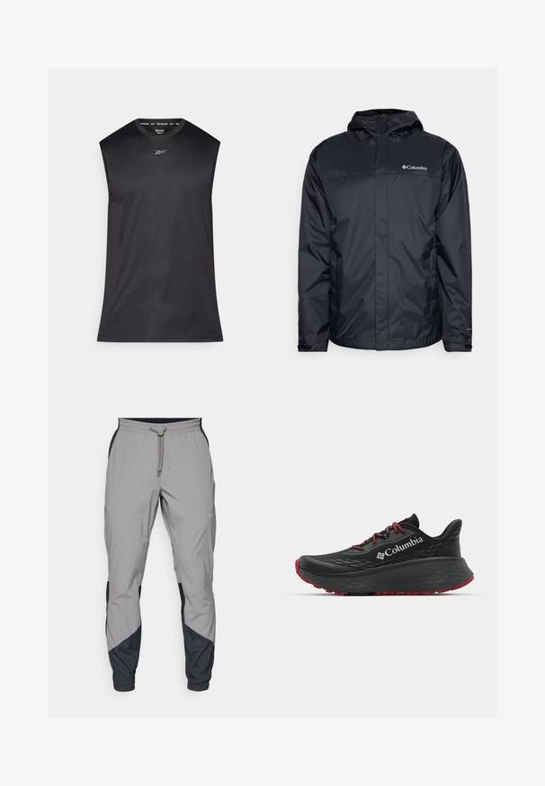 Svart vanntett jakke med hette, med glidelås foran, elastiske mansjetter og logo på øvre venstre brystområde. Lett materiale.; Svart, ermeløs treningsskjorte med rund hals, laget av et glatt og lett stoff; har en liten Reebok-logo på brystet.; Lettvektige, grå treningsbukser med svarte detaljer. Elastisk midjebånd, snøring, tapered benedesign og sidelommer.; Svart treningssko med teksturert overdel, røde snører og logo. Tykksåle med mønstrede dekk for bedre veigrep. Minimalistisk design, sidevinkel.