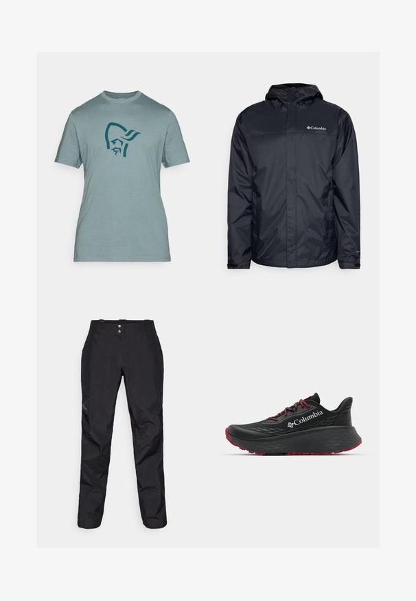 Juoda vandeniui atspari striukė su kapu, su užtrauktuku priekyje, elastingomis rankovėmis ir logotipu viršutinėje kairėje krūtinės dalyje. Lengvas medžiagos audinys.; Šviesiai mėlyna, trumpomis rankovėmis marškinėliai, pagaminti iš minkštos medžiagos, su tamsiai mėlynu grafiku, vaizduojančiu stilizuotą figūros galvą priekyje.; Juodos vandeniui atsparios kelnės su lygia tekstūra, turinčios du priekiniai mygtukai ir siaurėjančio kirpimo dizainas. Akcentuota logotipu šone.; Juodas sportinis batelis su tekstūruota viršutine dalimi, raudonais raišteliais ir logotipu. Storas padas su raštuotu protektoriu traukai. Minimalistinis dizainas, šoninis vaizdas.