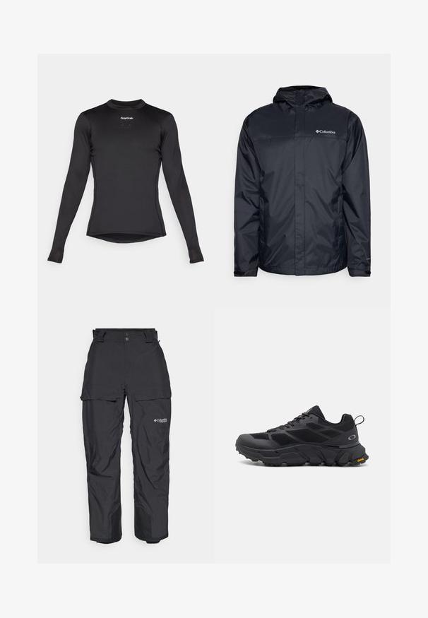 Černá vodotěsná bunda s kapucí, s předním zipem, elastickými manžetami a logem na horní levé straně hrudi. Lehký materiál.; Černý dlouhý rukáv základní vrchní díl s mřížkovou strukturou, béžový výstřih a logo GripGrab na hrudi. Mírně zúžený střih s lemem.; Černé voděodolné venkovní kalhoty s uvolněným střihem, nastavitelným pasem, bočními cargo kapsami a zesílenými manžetami na nohavicích.; Černé sportovní boty s mohutnou podrážkou, svrškem z materiálu síťoviny a syntetiky, texturovanými detaily a značením Vibram na podrážce.