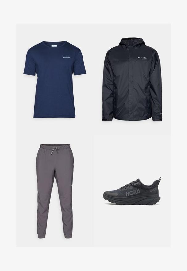 Melna ūdensnecaurlaidīga jaka ar kapuci, ar rāvējslēdzēja priekšpusi, elastīgām aprocēm un logo augšējā kreisajā krūtīs. Viegls materiāls.; Tumši zils īsās piedurknes T-krekls no gludas auduma. Ar apaļu kaklu un mazu baltu Columbia logotipu kreisajā krūtī.; Pelēki, viegli, elastīgas jostas bikses ar regulējamu auklu; sašaurinātas kājas; gluda tekstūra; ar logo detaļu sānos.; Melns Hoka skriešanas apavi ar tīkla augšdaļu, strukturētām detaļām un biezu, amortizētu zoli ar sašaurinātiem maliem, lai nodrošinātu labāku atbalstu.