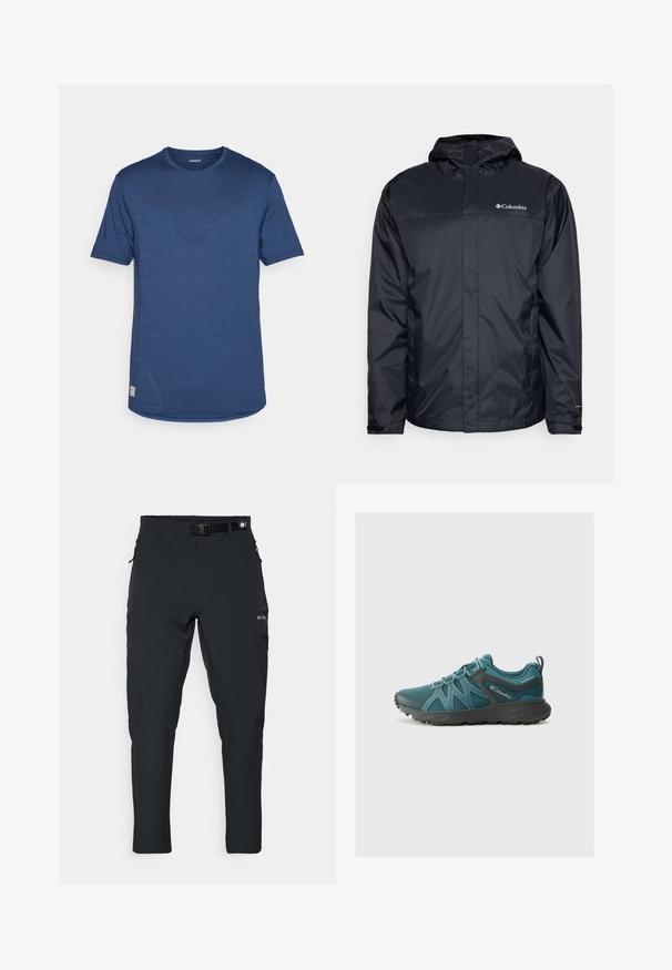 Črna vodoodporna jakna s kapuco, z zadrgo spredaj, elastičnimi manžetami in logotipom na zgornjem levem predelu prsnega koša. Lahka material.; Kratke rokave modra športna majica z gladko teksturo, okroglo ovratnikom in diskretnim logotipom na sprednji levi strani.; Columbia ESSENTIAL HIKE™ PANT - Hlače za na prostem - black; Columbia PEAKFREAK ROAM - Pohodniški čevlji - everblue/dark grey