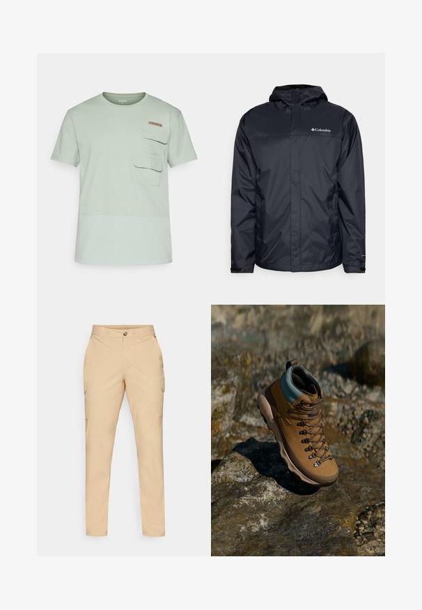 Μαύρο αδιάβροχο μπουφάν με κουκούλα, διαθέτει φερμουάρ μπροστά, ελαστικούς καρπούς και λογότυπο στη верхική αριστερή πλευρά του στήθους. Ελαφρύ υλικό.; Ανοιχτό πράσινο κοντομάνικο μπλουζάκι με στρογγυλή λαιμόκοψη, δύο μπροστινές τσέπες και μια μικρή ετικέτα λογότυπου στο στήθος. Μαλακό υλικό υφάσματος.; Μπέζ cargo παντελόνια με κλείσιμο μπούκλας, ξεκούραστη εφαρμογή, πλαϊνές τσέπες και μαλακό ύφασμα από βαμβακερό μείγμα. Χωρίς ορατά σχέδια ή διακοσμητικά.; Καφέ ορειβατικό μποτάκι με συνθετικό επάνω μέρος, ανοιχτό μπλε κολάρο, μεταλλικές θηλιές και υφασμένο ελαστικό πάτο. Σχεδιασμένο για εξωτερικές δραστηριότητες.