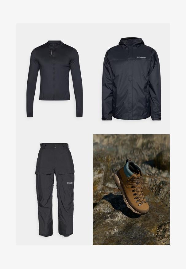 Melna ūdensnecaurlaidīga jaka ar kapuci, ar rāvējslēdzēja priekšpusi, elastīgām aprocēm un logo augšējā kreisajā krūtīs. Viegls materiāls.; Garais piedurkņu velosipēdu džemperis melnā krāsā, ar augstu apkakli, pilnu rāvējslēdzēju un vieglu, elpojošu audumu. Gluda tekstūra ar minimālu zīmola identifikāciju.; Melni ūdensizturīgi āra bikses ar brīvu piegriezumu, regulējamu jostasvietu, sānu kravu kabatām un pastiprinātiem potīšu malām.; Brūns pārgājienu zābaks ar sintētisko augšdaļu, gaiši zilu apkakli, metāla acīm un teksturētu gumijas zoli. Izstrādāts āra aktivitātēm.